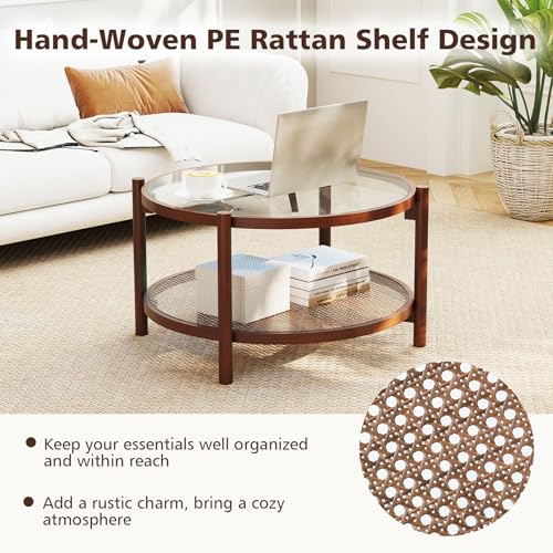 Rattan Coffee Table with Tempered Glass Top and Storage Shelf H176459