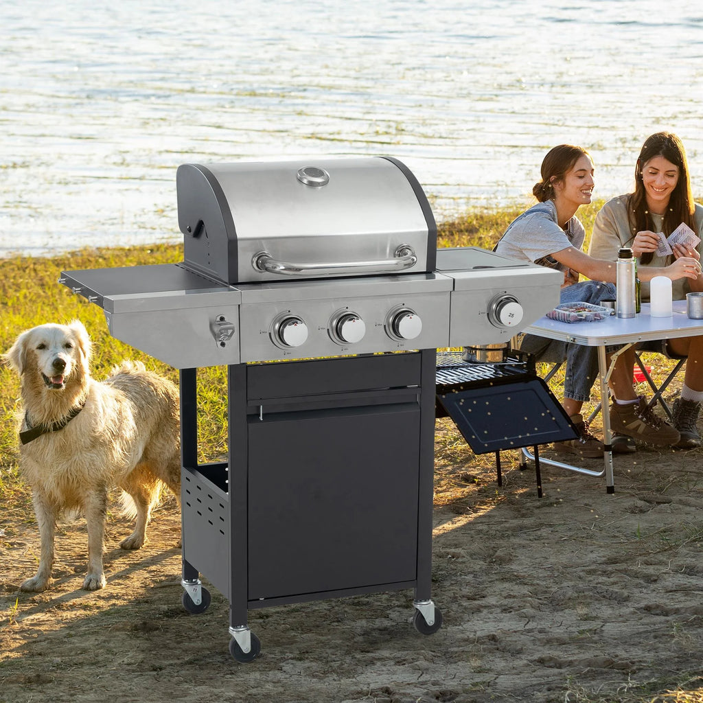 3 Burner BBQ Propane Gas Grill with Side Burner, Stainless Steel Patio Barbecue Grill with Lid, Wheels, Shelves and Bottle Opener W543