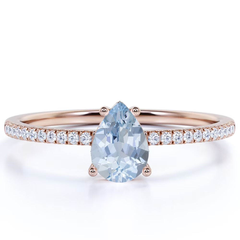 1 Carat Pear Shaped Aquamarine Promise Ring in 18k Rose Gold over Silver U811725