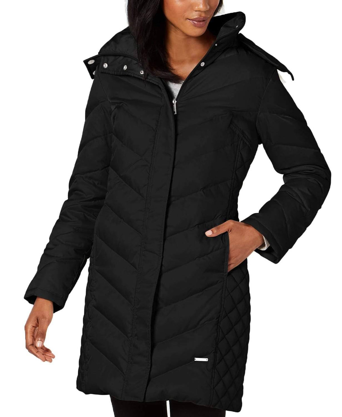 Black Petite Faux-Fur-Trim Down Hooded Puffer Coat F909393