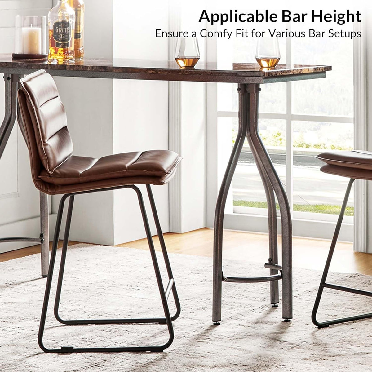 Faux Leather Bar Stools Set Of 4 With Metal Base & Footrest, Armless Bar Chairs Z50331