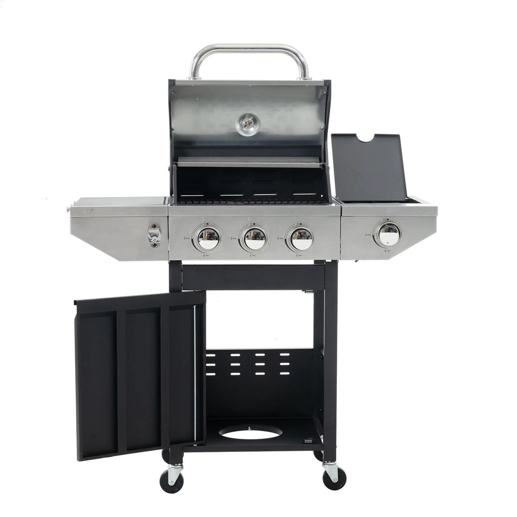 3 Burner BBQ Propane Gas Grill with Side Burner, Stainless Steel Patio Barbecue Grill with Lid, Wheels, Shelves and Bottle Opener W543
