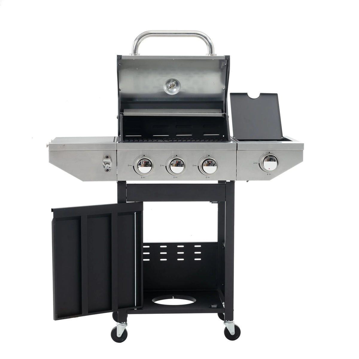 3 Burner BBQ Propane Gas Grill with Side Burner, Stainless Steel Patio Barbecue Grill with Lid, Wheels, Shelves and Bottle Opener W543