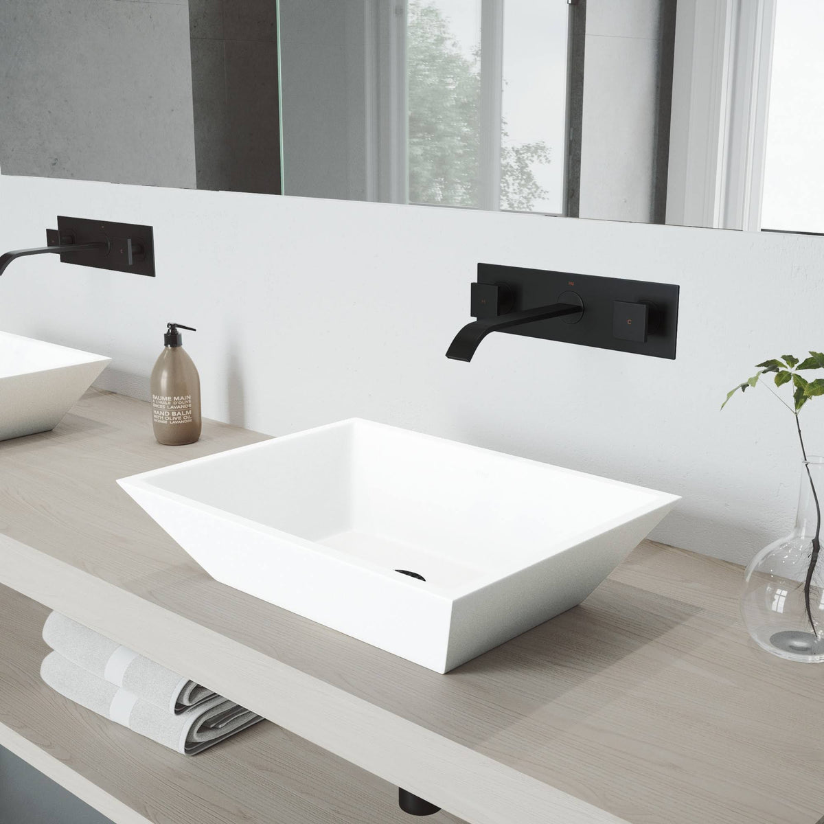 Matte Stone Vessel Bathroom Sink Set with Wall Mount Faucet in Matte Black Z68792