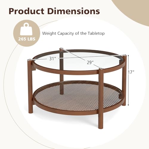 Rattan Coffee Table with Tempered Glass Top and Storage Shelf H176459