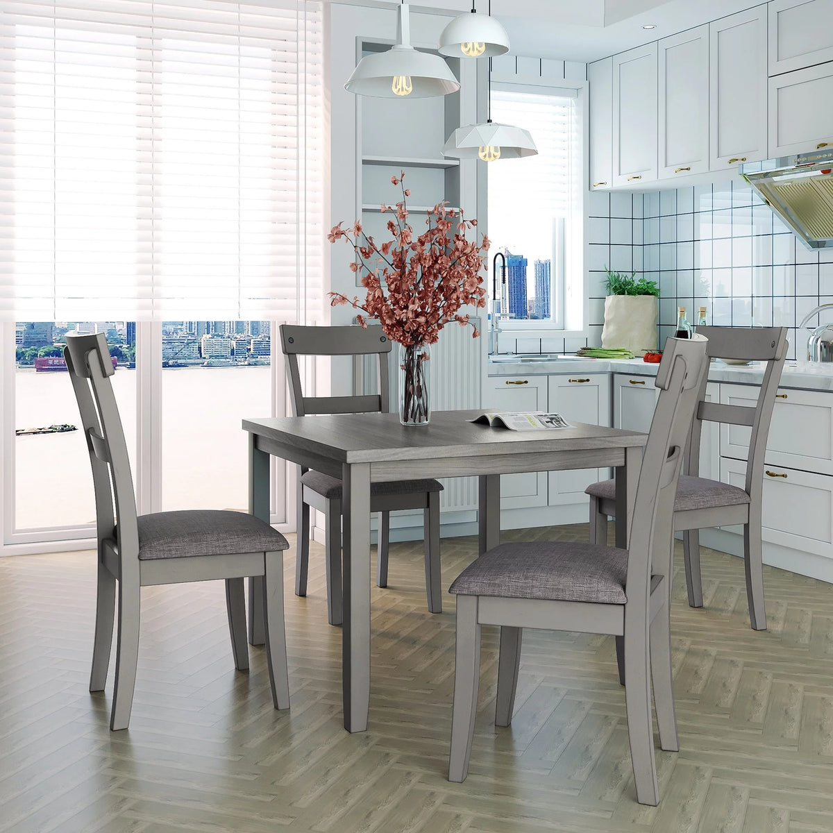 5-Piece Grey Dining Table Set with 4 Cushioned Chairs G734