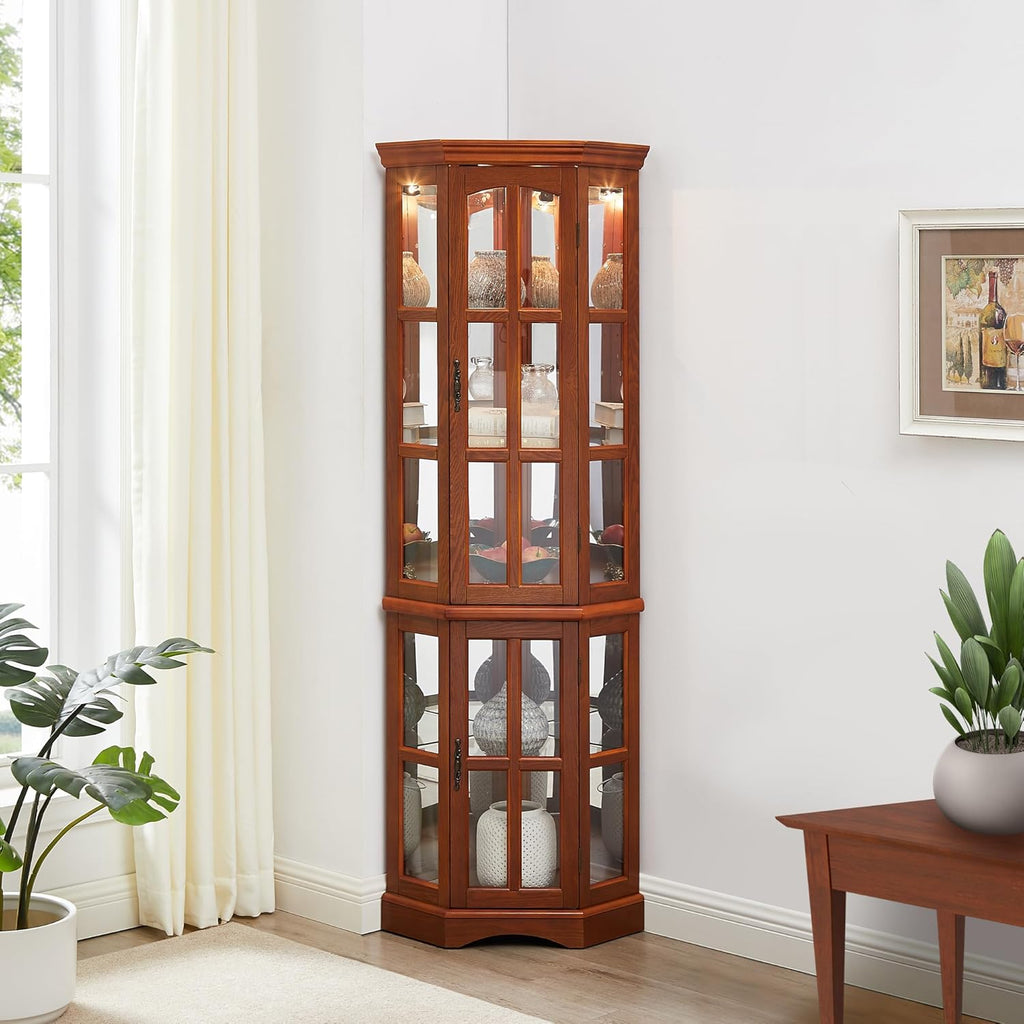 Curio Cabinet with Glass Doors, 5 Shelves, Lighting System, Oak A482