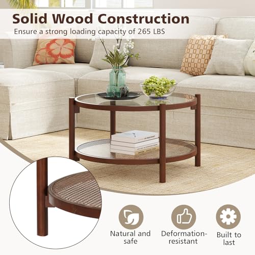 Rattan Coffee Table with Tempered Glass Top and Storage Shelf H176459