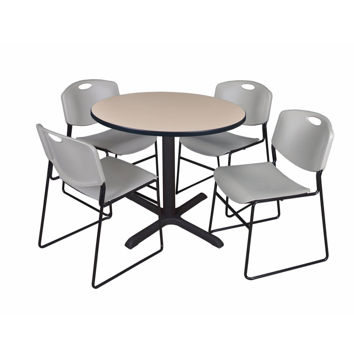 Beige Round Breakroom Table with 4 Black Stack Chairs I713543