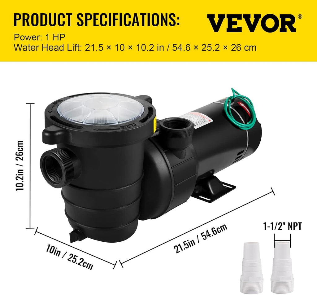 1HP 110V 5220GPH Self-priming Swimming Pool Pump with Strainer Basket and 2pcs 1-1/2'' NPT Connectors D844