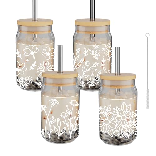 4 Pack 16oz Glass Cups with Bamboo Lids Straws K13523