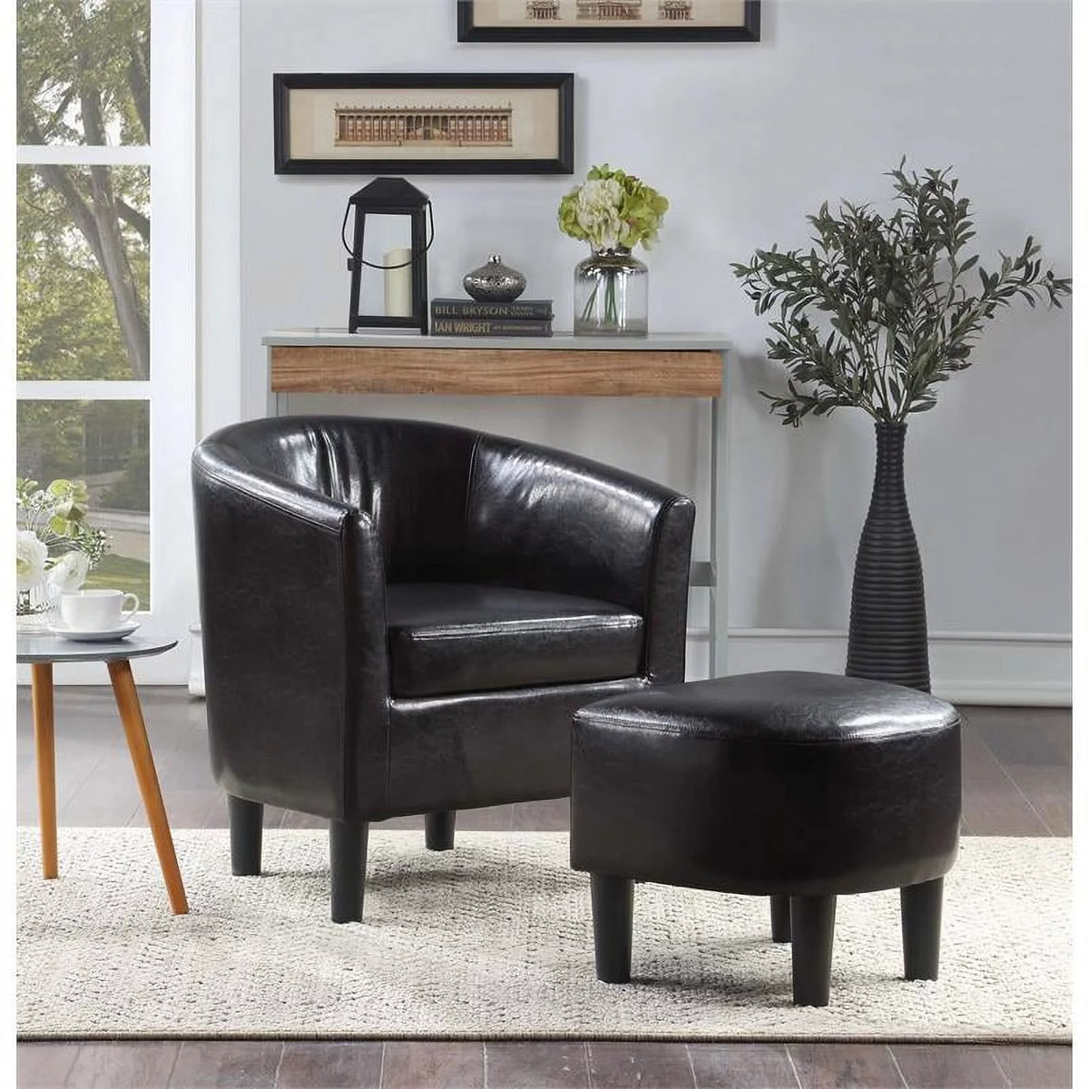 Contemporary Faux Leather Accent Chair with Ottoman in Black O40737