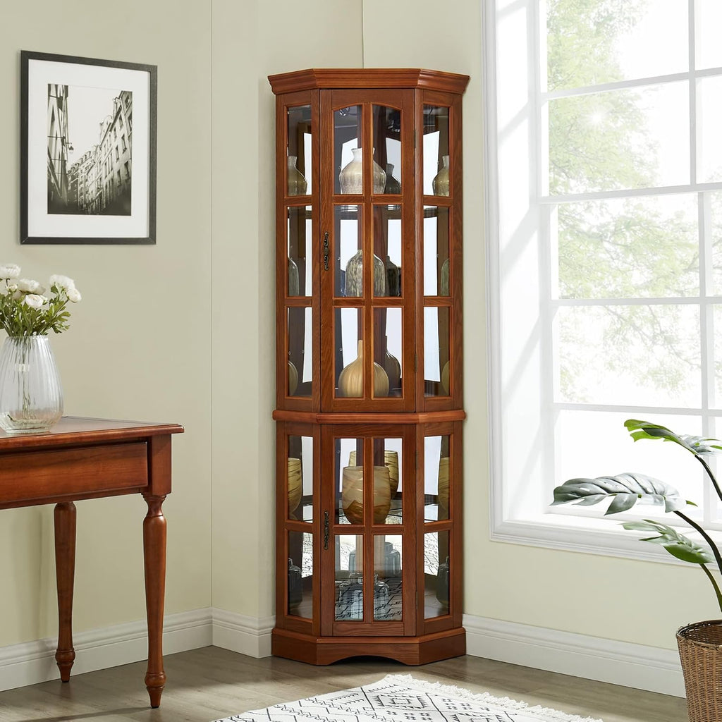 Curio Cabinet with Glass Doors, 5 Shelves, Lighting System, Oak A482