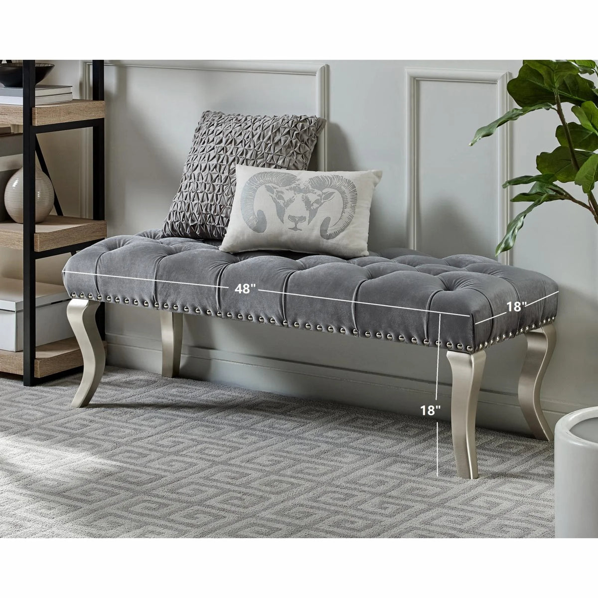 Gray Fabric Upholstered Bench with Nailhead R60506