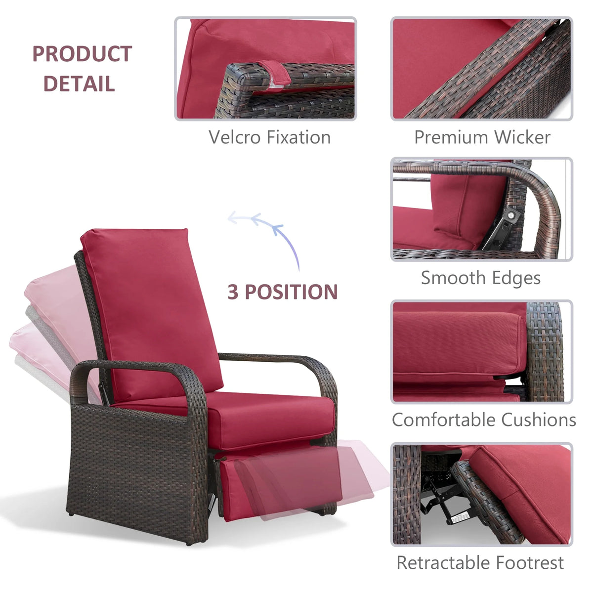 Red Resin Wicker Recliner Chair with Footrest X1981