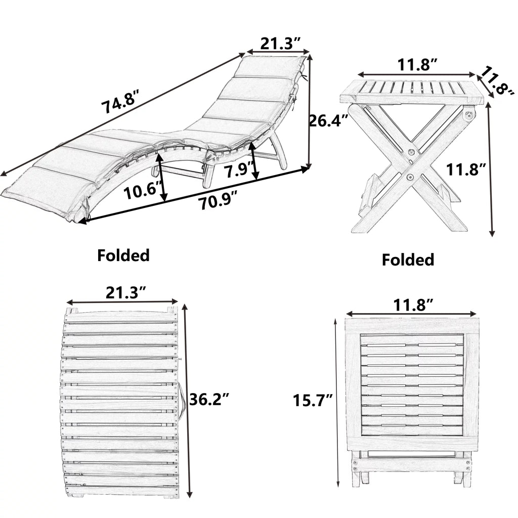 Portable Wood Chaise Lounge Set with Tea Table B448