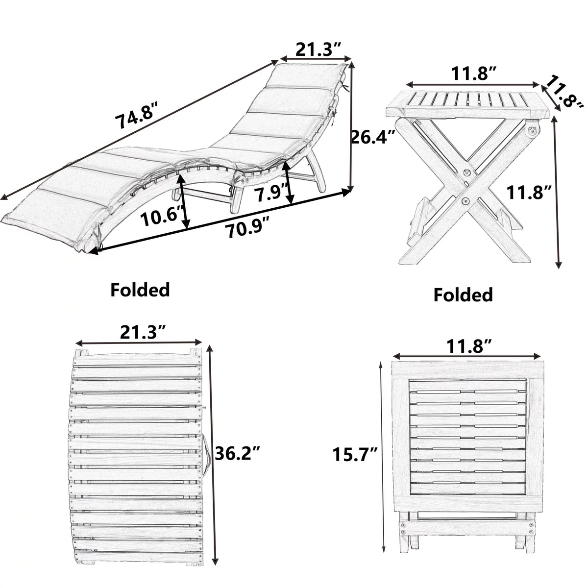 Portable Wood Chaise Lounge Set with Tea Table B448