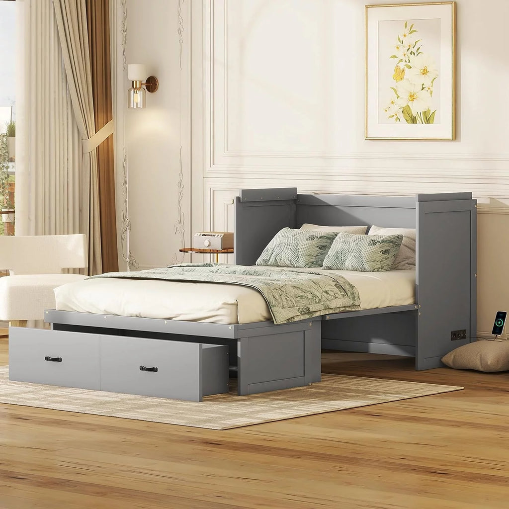 Queen Size Foldable Wood Murphy Bed Chest with Charging Station and Storage Drawer N52101