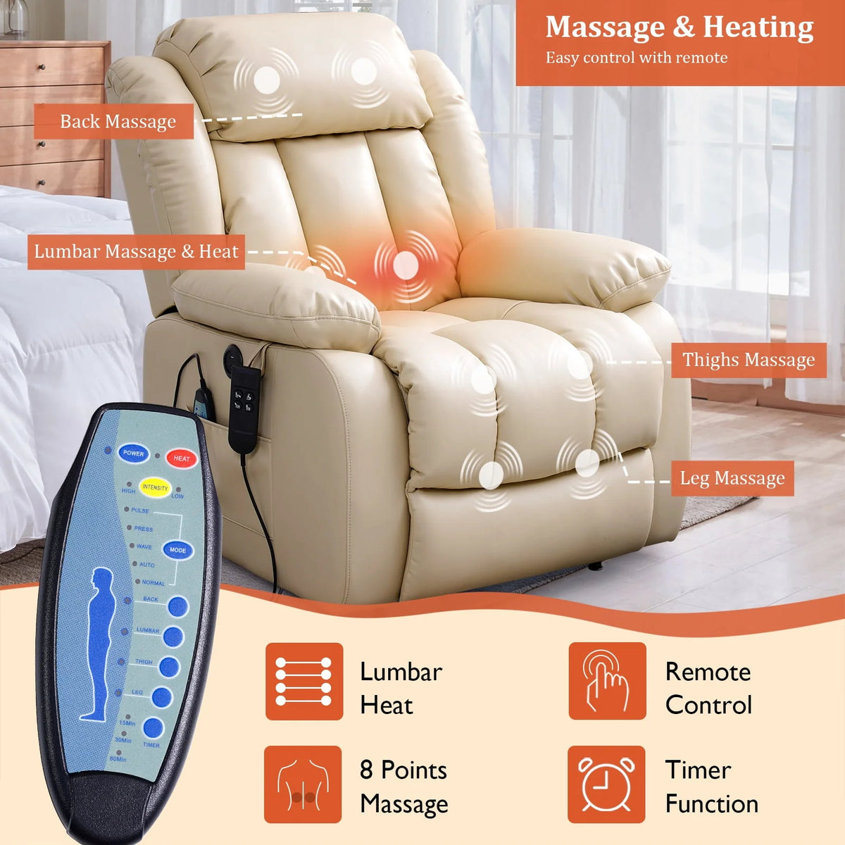 Brown Leather Dual Motor Lift Recliner Chair with Heat and Massage N4903