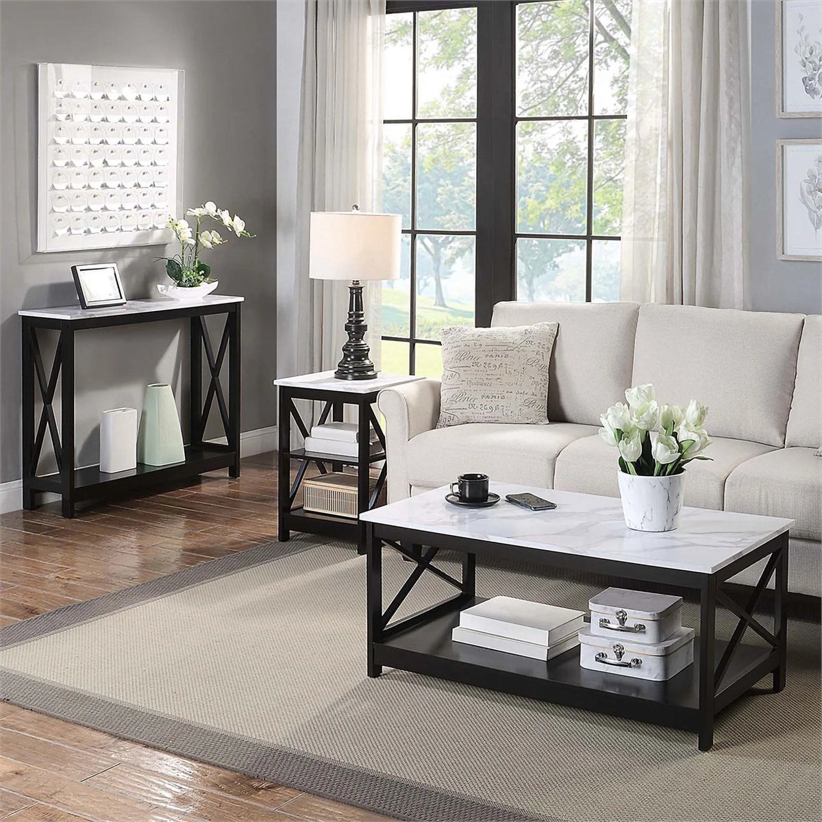 White Faux Marble and Black Wood Console Table with Shelf B243437