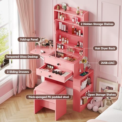 White Makeup Vanity Desk with Lighted Mirror and Chair O7640