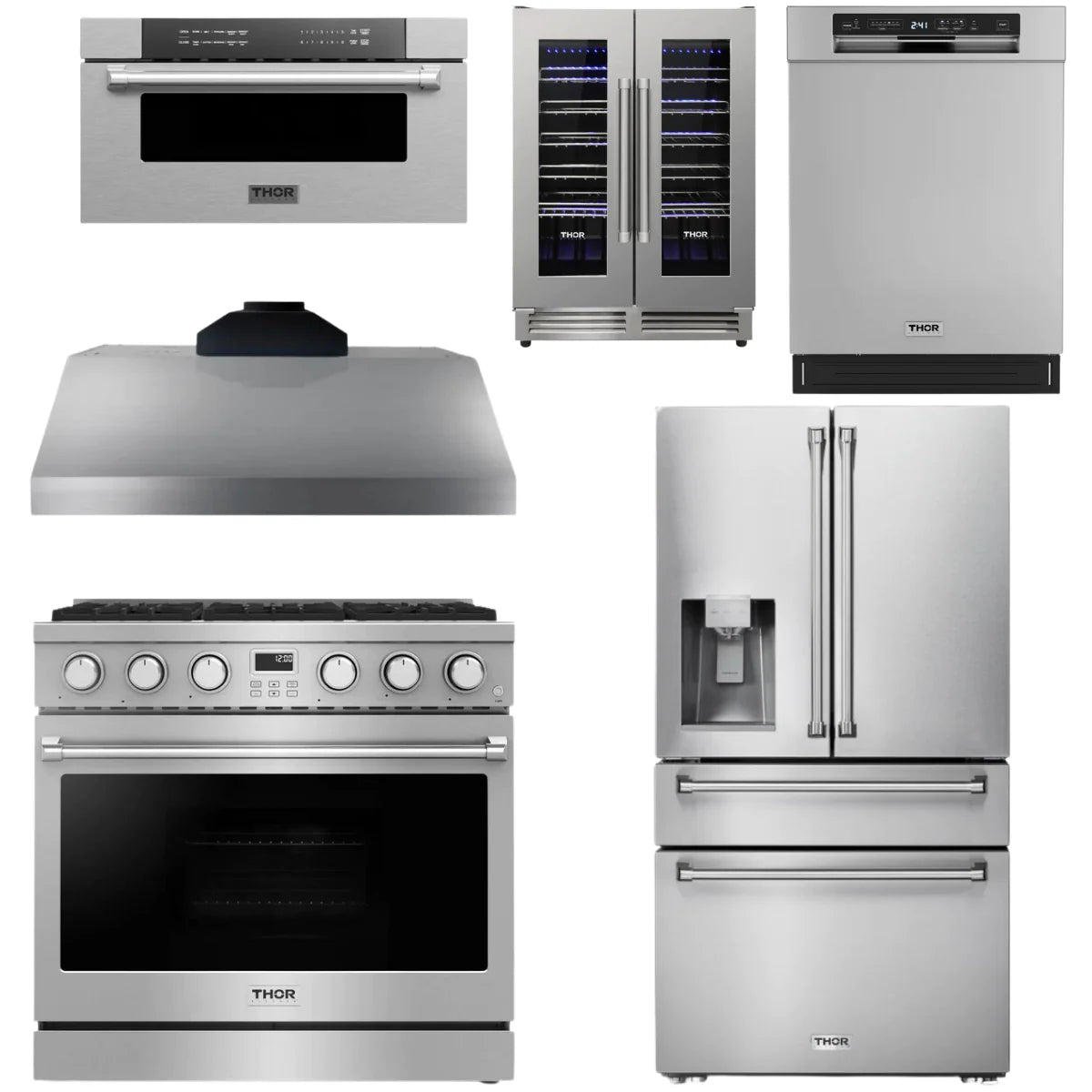 36 Gas Range, Range Hood, Refrigerator, Dishwasher, Microwave and Wine Cooler T473611