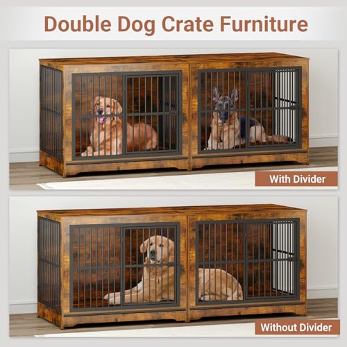 Rustic Brown Double Dog Crate Furniture with Divider T68552
