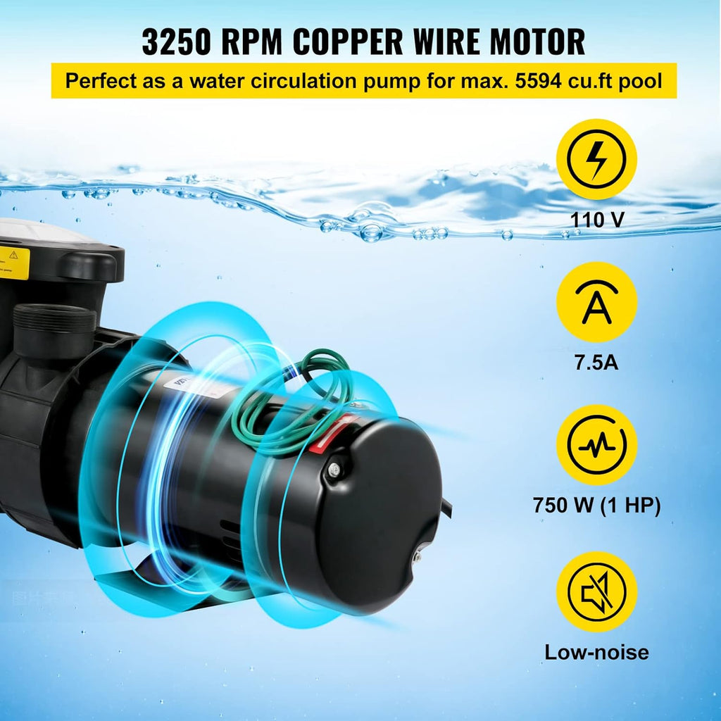1HP 110V 5220GPH Self-priming Swimming Pool Pump with Strainer Basket and 2pcs 1-1/2'' NPT Connectors D844