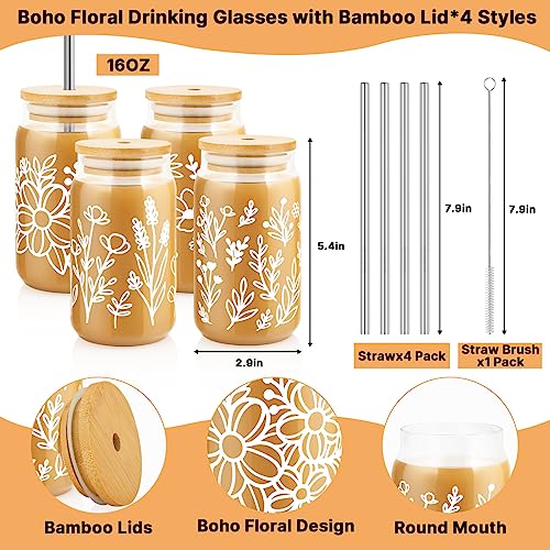4 Pack 16oz Glass Cups with Bamboo Lids Straws K13523