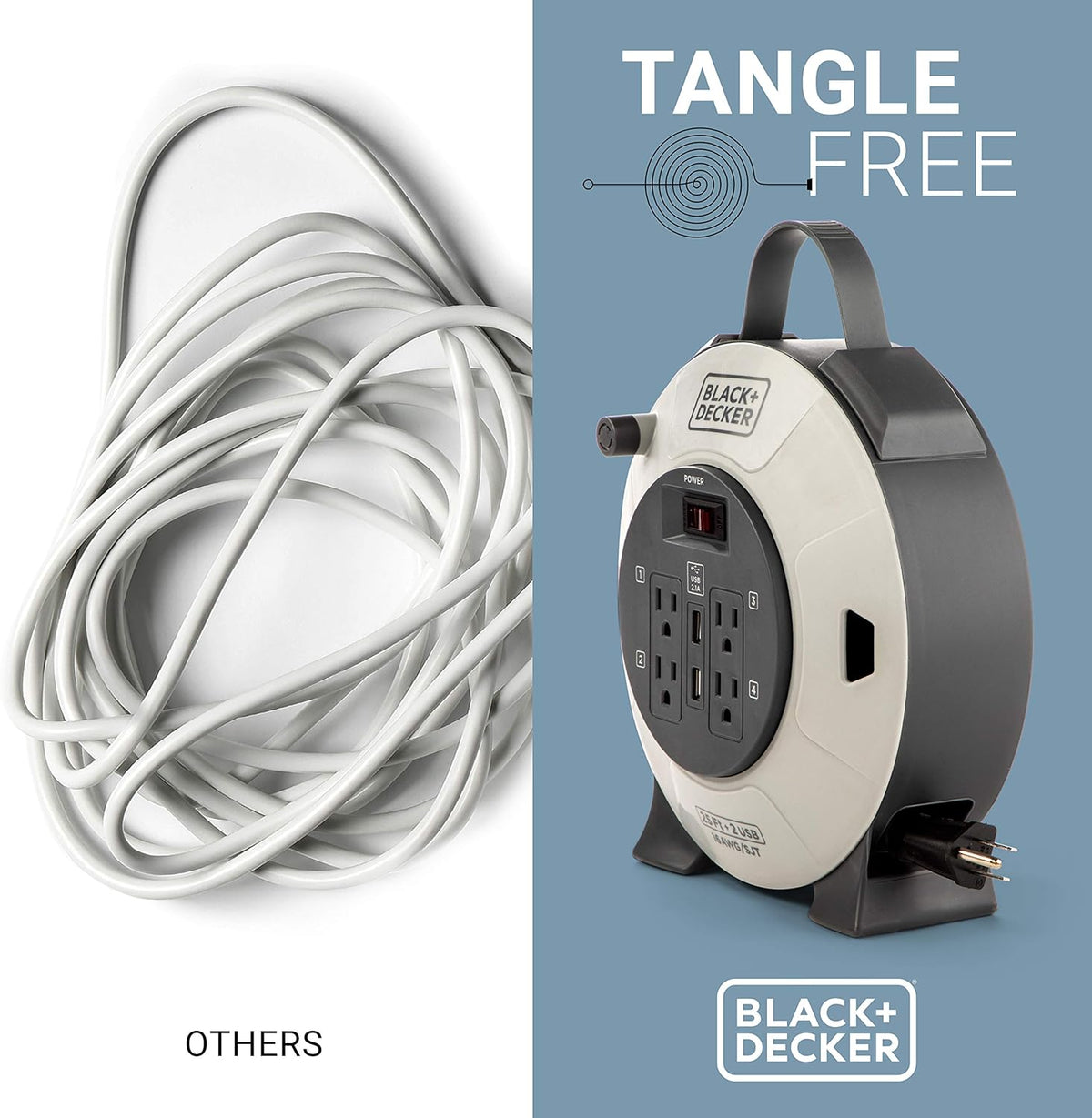 Retractable Extension Cord, 25 ft, 4 Outlets, 2 USB Ports J8371