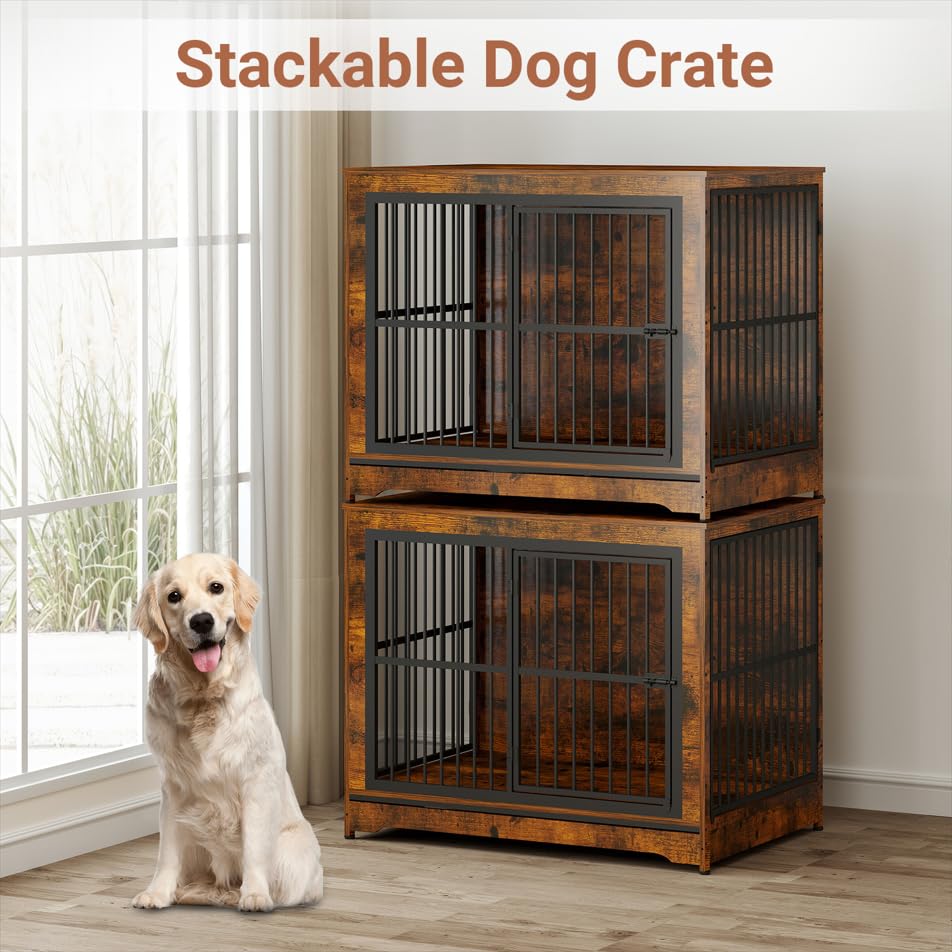 Rustic Brown Double Dog Crate Furniture with Divider T68552