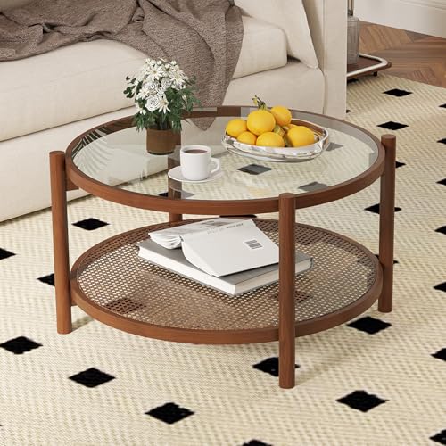 Rattan Coffee Table with Tempered Glass Top and Storage Shelf H176459