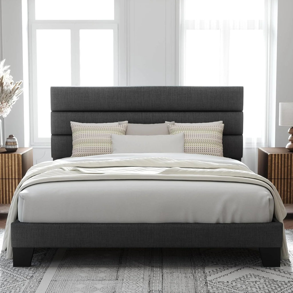 King Fabric Upholstered Platform Bed Frame with Wooden Slats C262661