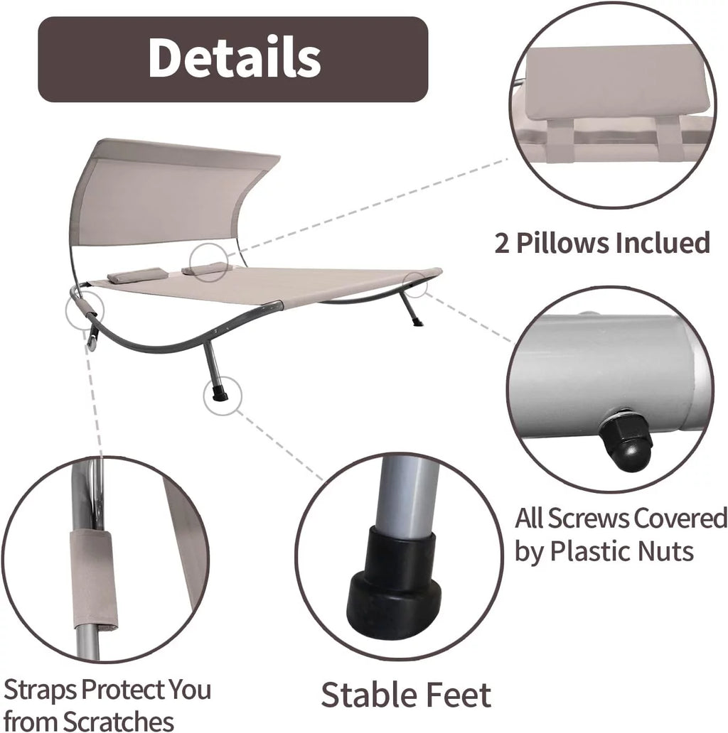 Double Chaise Lounge Bed with Canopy, Headrest Pillow and Wheels U3128