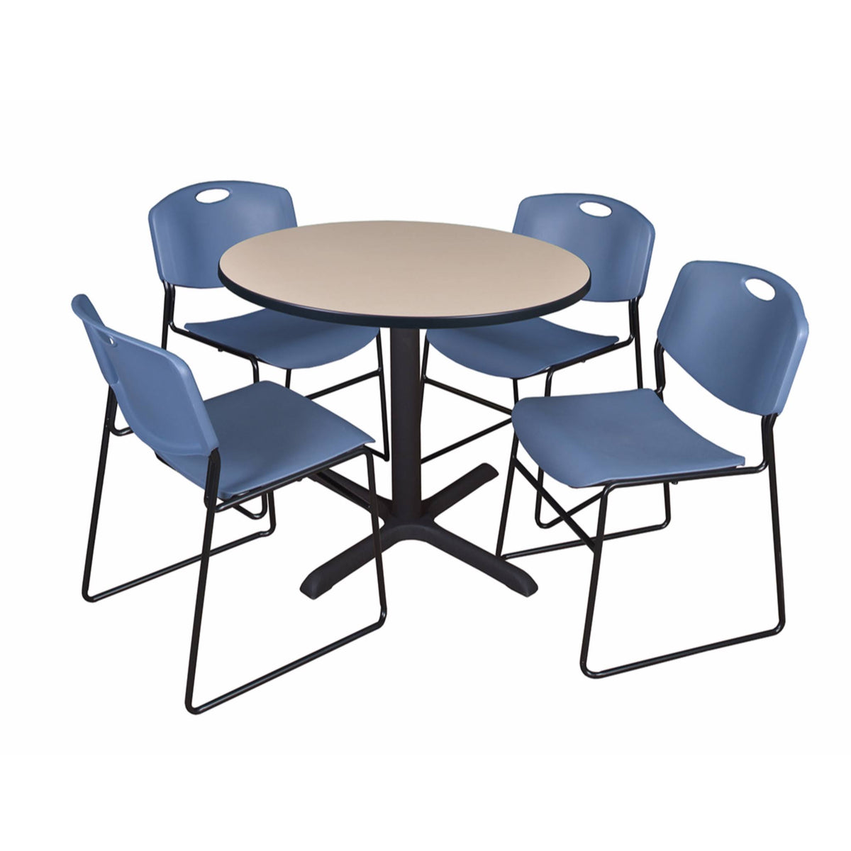 Beige Round Breakroom Table with 4 Black Stack Chairs I713543