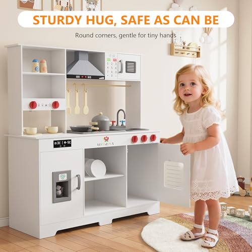 Wooden Play Kitchen with Microwave, Range Hood, Stove, Sink, and Accessories S6658