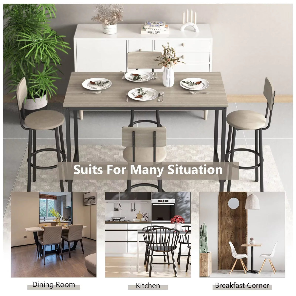 Modern Grey Bar Table and Chair Set of 5 with Backrest K4695