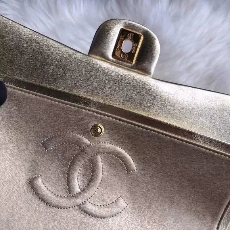 Gold Medium Size Lambskin Leather Flap Bag I300922