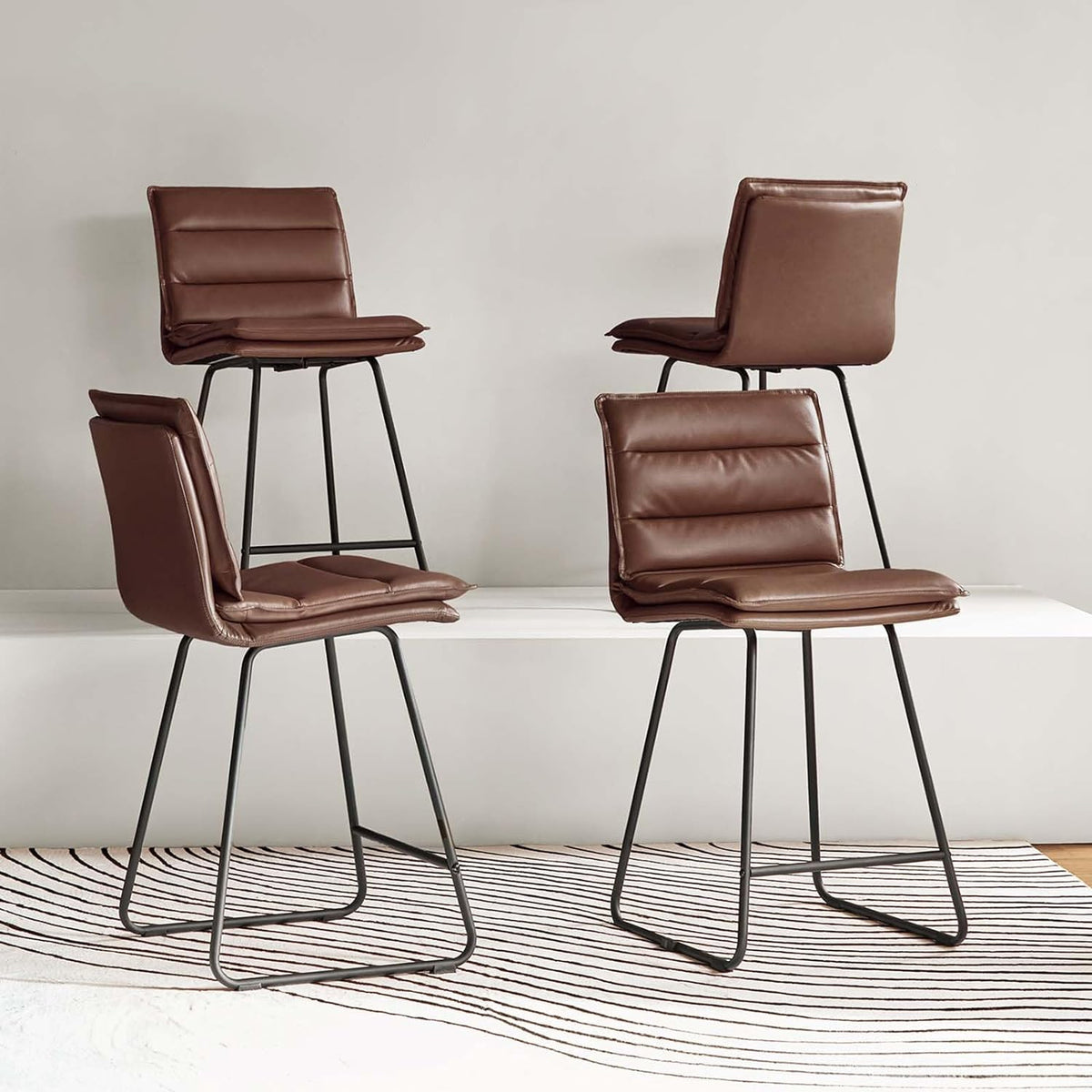 Faux Leather Bar Stools Set Of 4 With Metal Base & Footrest, Armless Bar Chairs Z50331