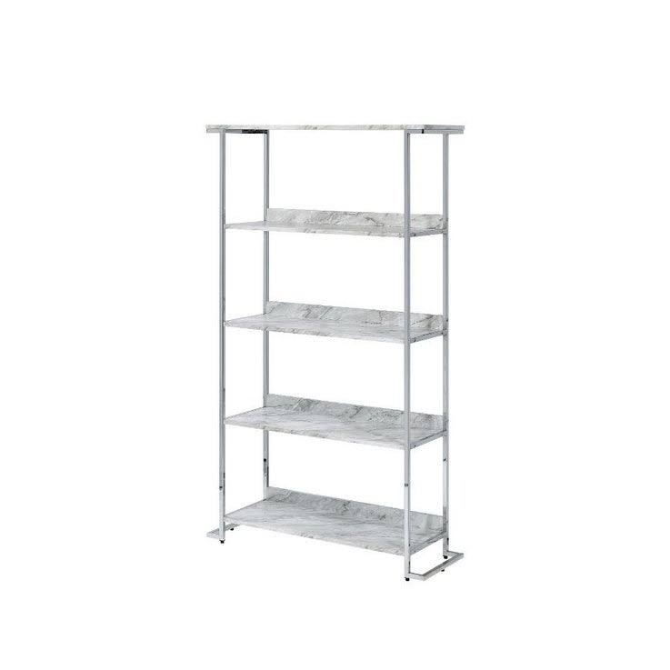 White Printed Faux Marble Chrome Metal Bookcase G99795