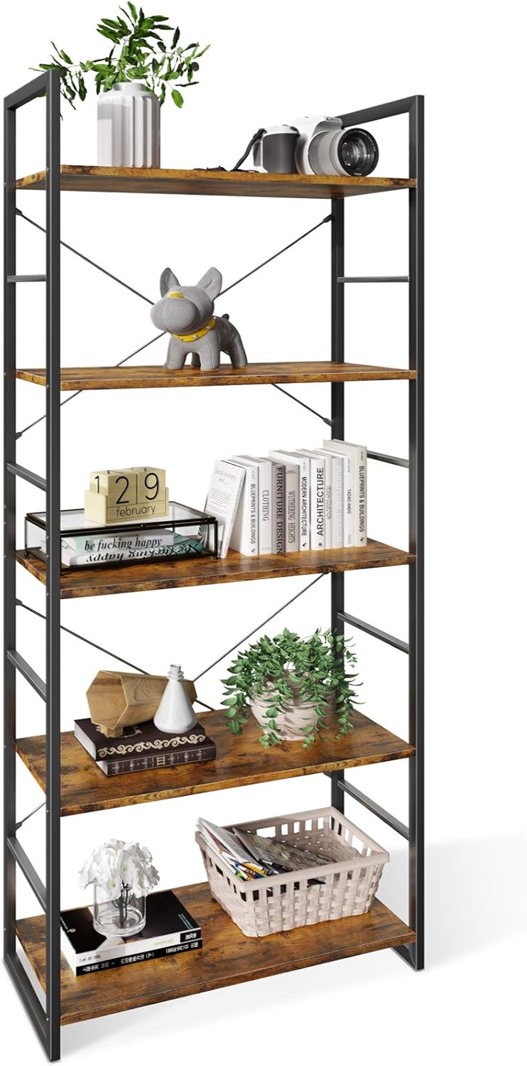 5 Tier Industrial Open Bookcase, Rustic Brown S36765