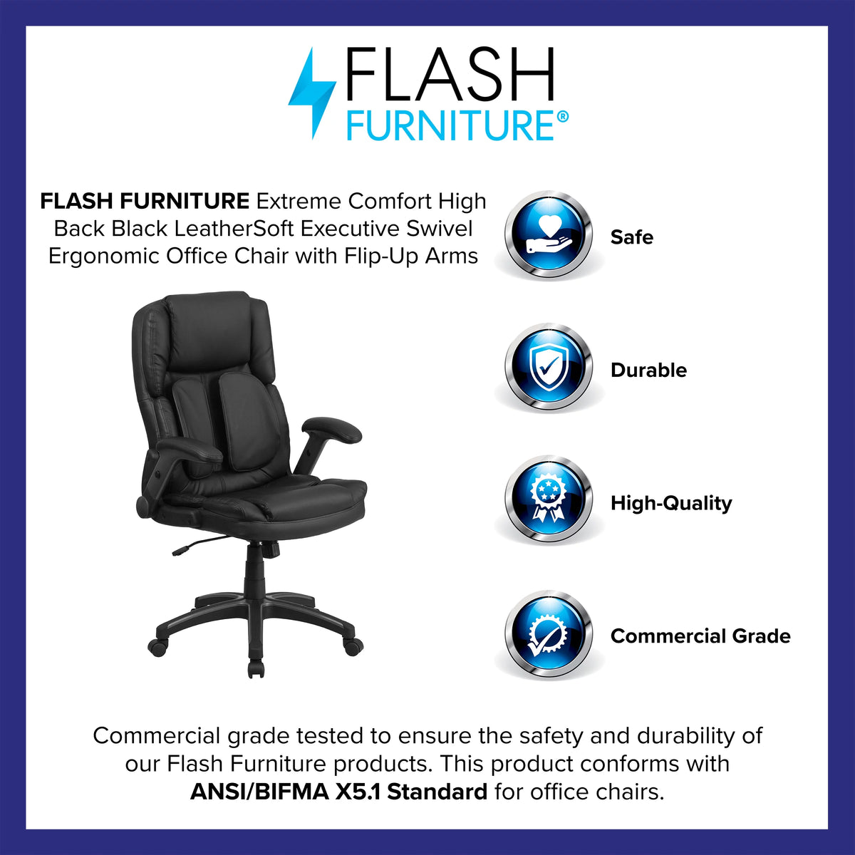 Black LeatherSoft Executive Swivel Ergonomic Office Chair with Flip-Up Arms J5242