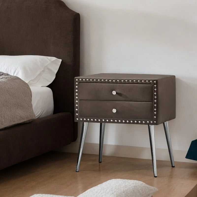 Brown Velvet 2 Drawer Solid Wood Bedside Table M2511