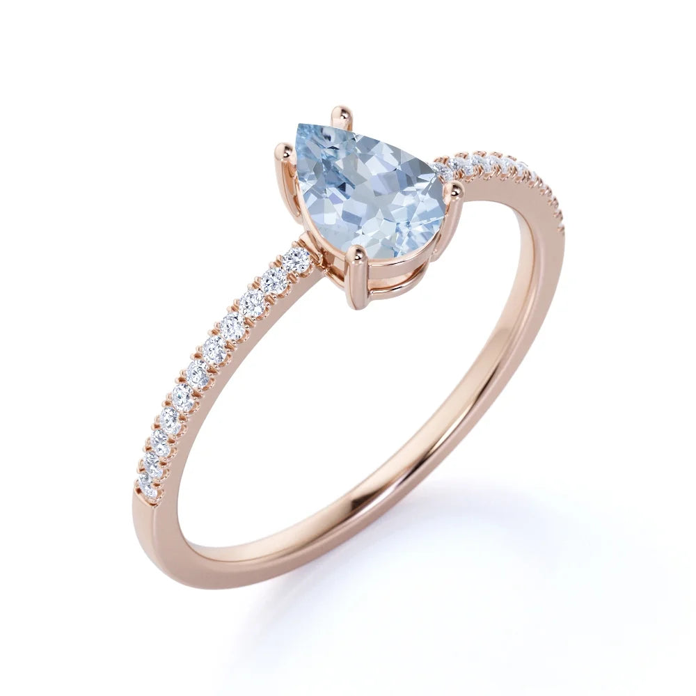 1 Carat Pear Shaped Aquamarine Promise Ring in 18k Rose Gold over Silver U811725