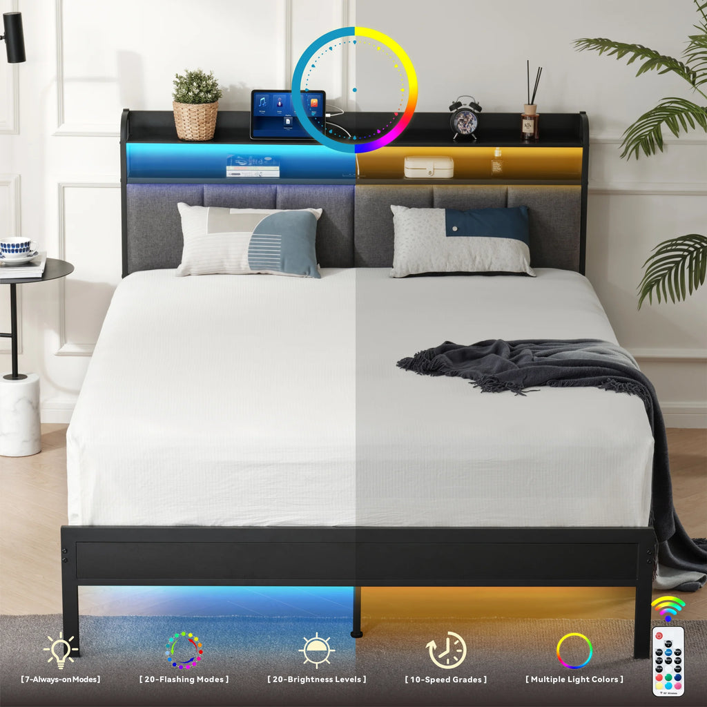 King Size Metal and Wood Platform Bed with LED Headboard K26153