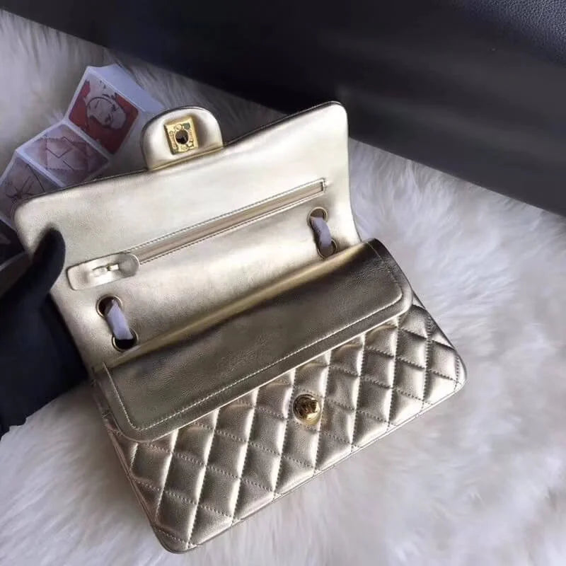 Gold Medium Size Lambskin Leather Flap Bag I300922
