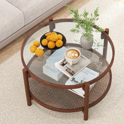 Rattan Coffee Table with Tempered Glass Top and Storage Shelf H176459