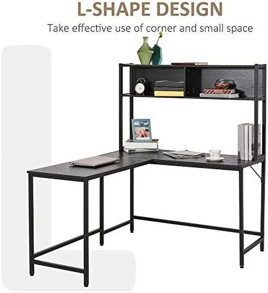 55 Inch L Shaped Computer Desk with Hutch Black S6348