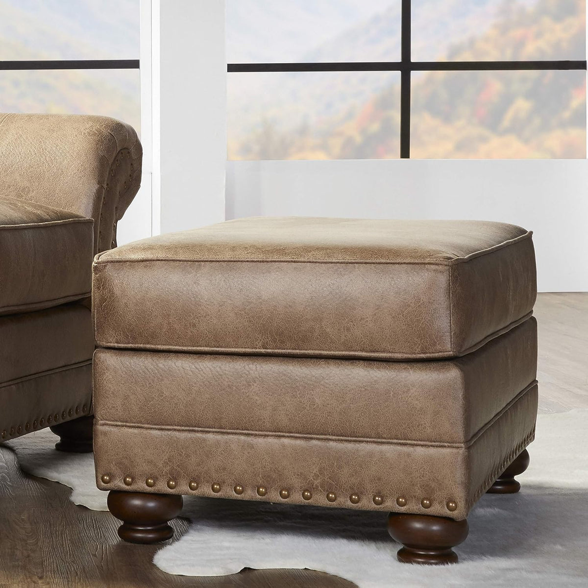 Faux Leather Ottoman with Antique Bronze Nailheads in Jetson Ginger Q466