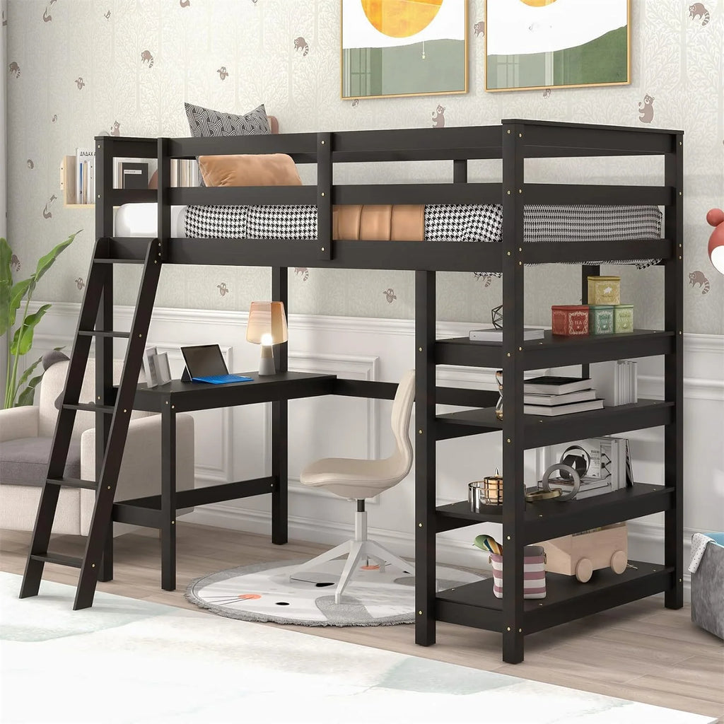 Espresso Wood Loft Bed with Desk and Shelves A154